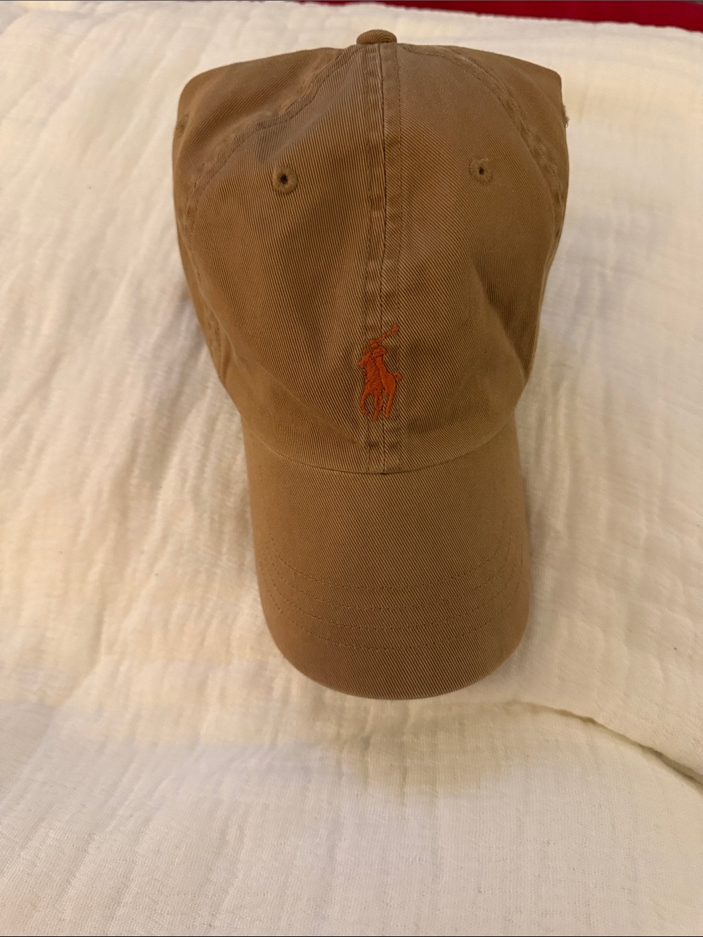 Polo by Ralph Lauren Brown Baseball Cap with Orange Pony Logo Leather Strap- EUC